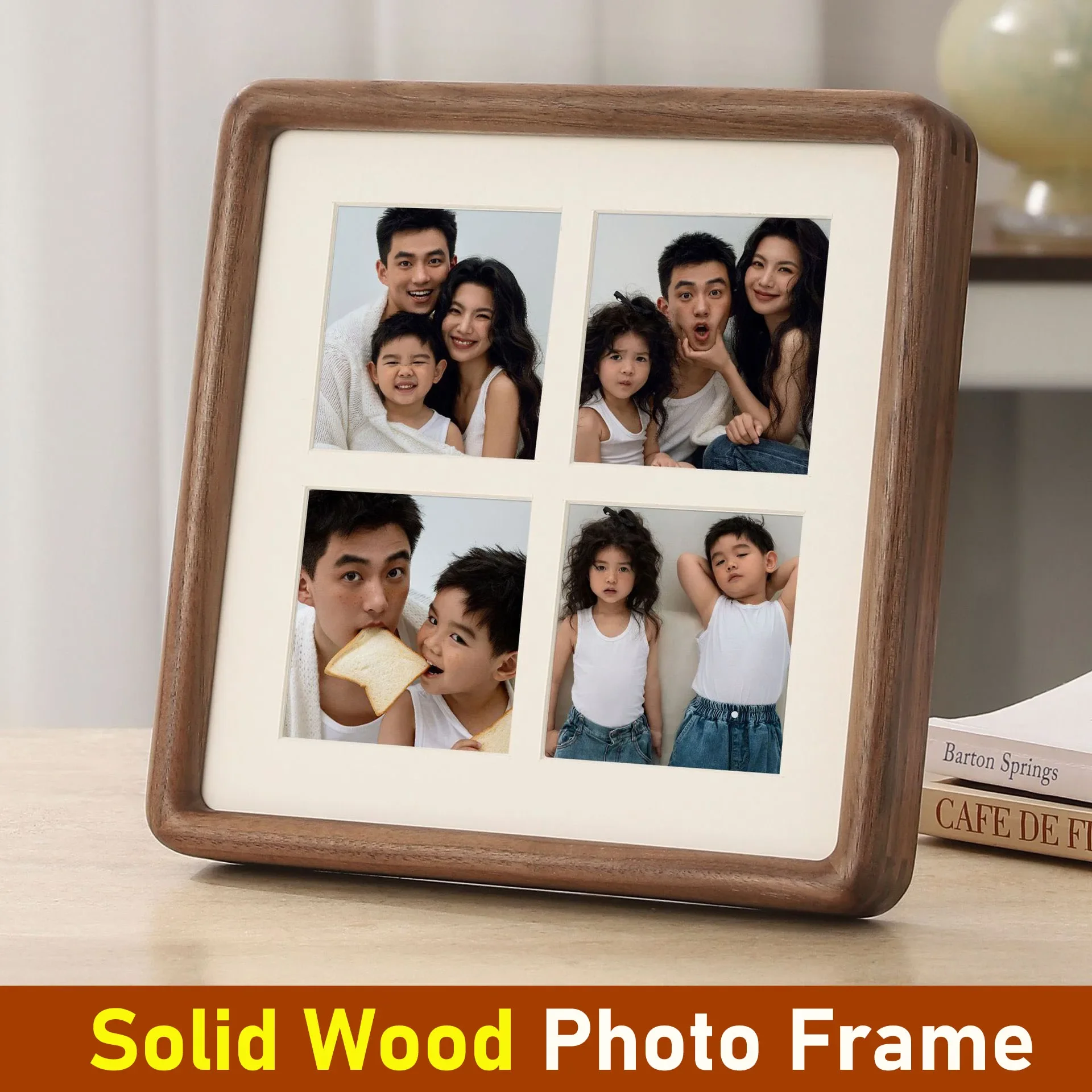 Square Photo Frame High-grade Black Walnut Wedding/Teak Picture Frame DIY Four Grid Couple Display Pictures Home Desktop Decor