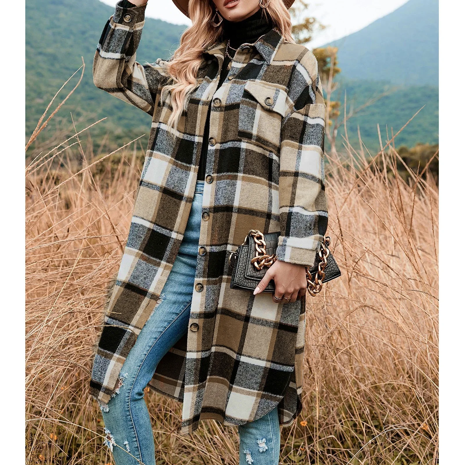 

CPSYMYM Women's Plaid Print Button Front Drop Shoulder Shirt Coat Casual Long Sleeve Collared Flap Pocket Outerwear for Fall An