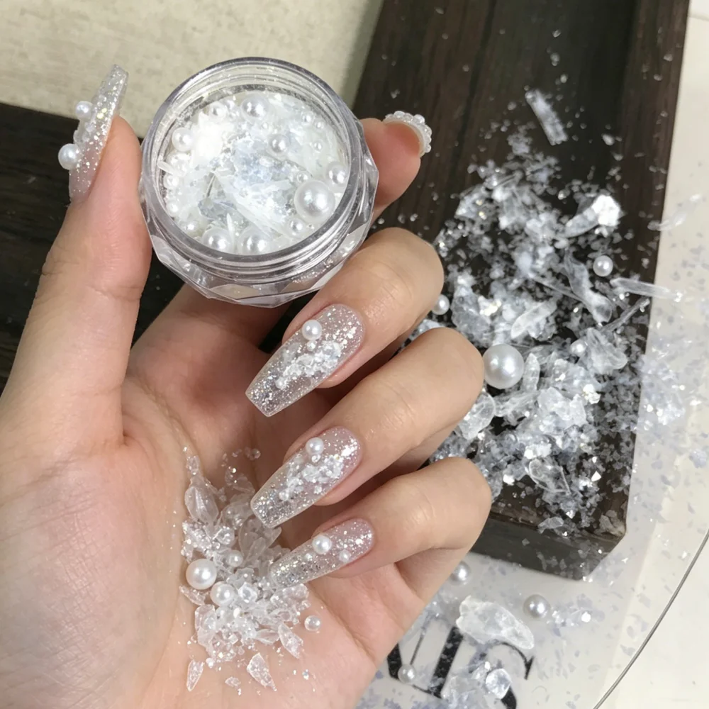 1 Caja de Purpurina para Uñas Aurora White Pearl Shell, Escamas de Mica Irregulares con Forma de Escama de Pescado, Lentejuelas Brillantes para Decoración de Manicura DIY