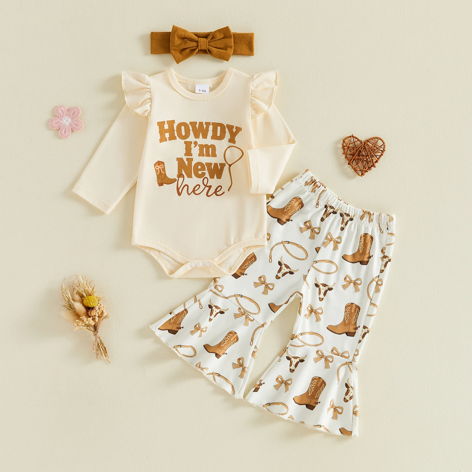 Tregren 0-12Months Newborn Infant Baby Girl Western Outfits Casual Long Sleeve Romper with Bell Bottom, Headband 3pcs Sets