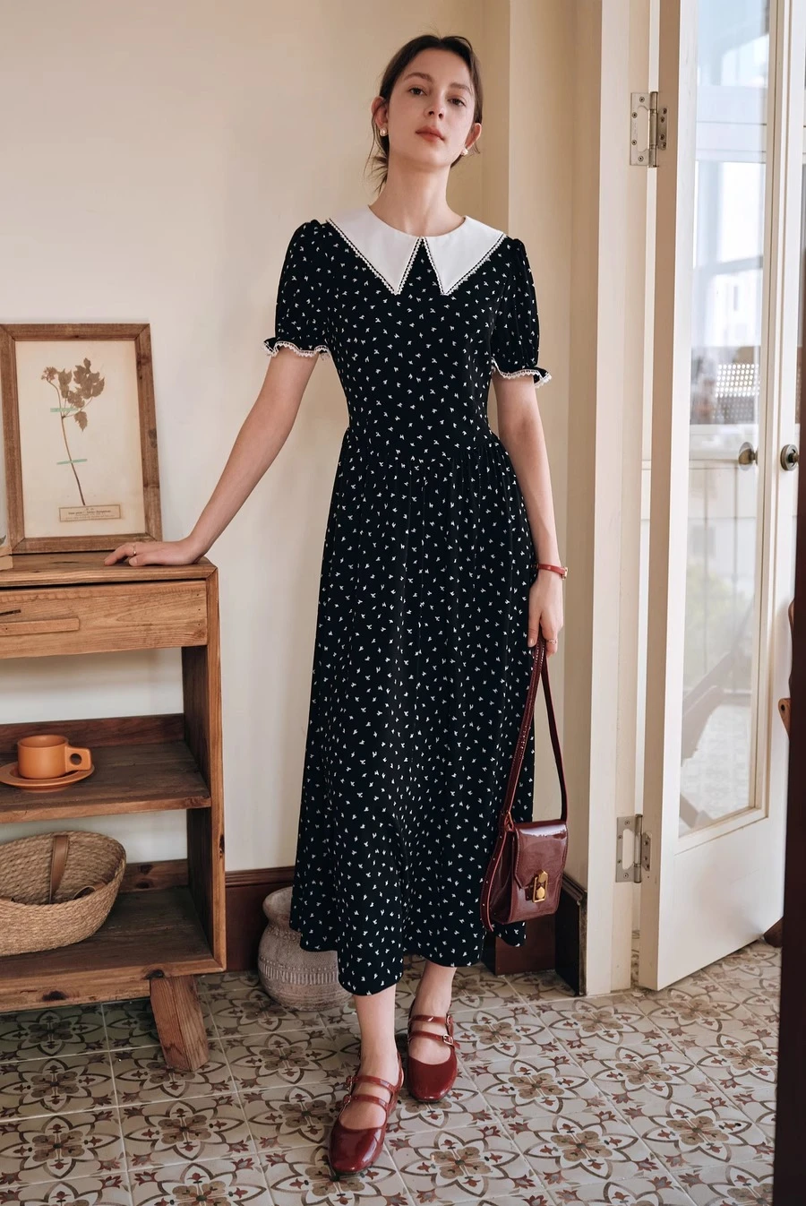 

OLrain Woman Summer Midi Dress 2025 Elegant Lady Black Printed Vacation Long Dresse Contrast Collar Women's Clothing O57XL98020