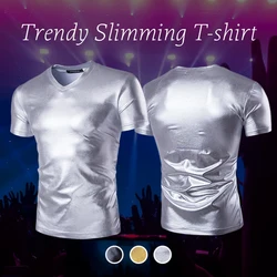 Men Shiny Metallic Classic V Neck T Shirt Nightclub Stage Tshirt Short Sleeve Blouses Men Hip Hop Streetwear Slim Fit Tops