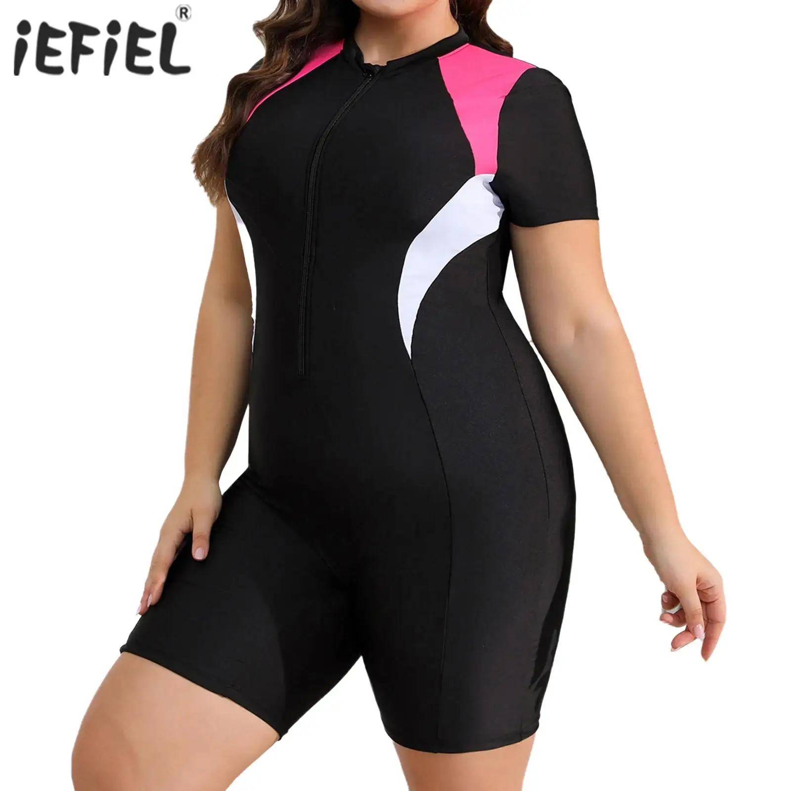 

Womens One Piece Rash Guard Bodysuit Swim Leotard Front Zipper Short Sleeve Boyleg Sun Protection Swimsuit for Diving Surfing