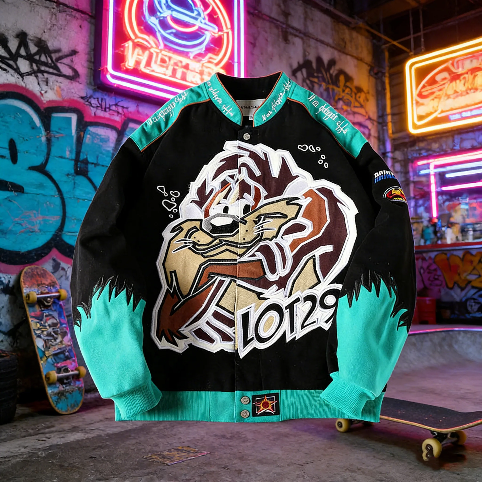 Chaqueta Bordada con Dibujos Animados, Algodón Grueso, Estilo Hip Hop Urbano, Tasmanian Devil Lot29, Chaqueta Retro de Skate