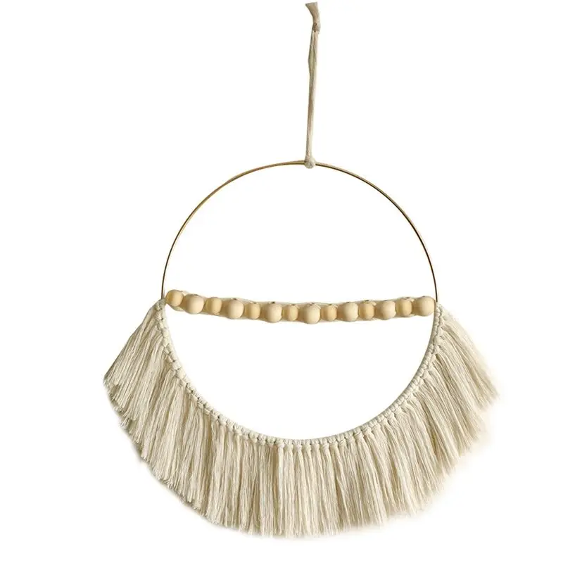 DT19 Bohemian Wooden Bead Cotton Rope Round Wall Hanging, Tassel Pendant, Naturalistic Decor, Rustic Floral Design, Creamy White