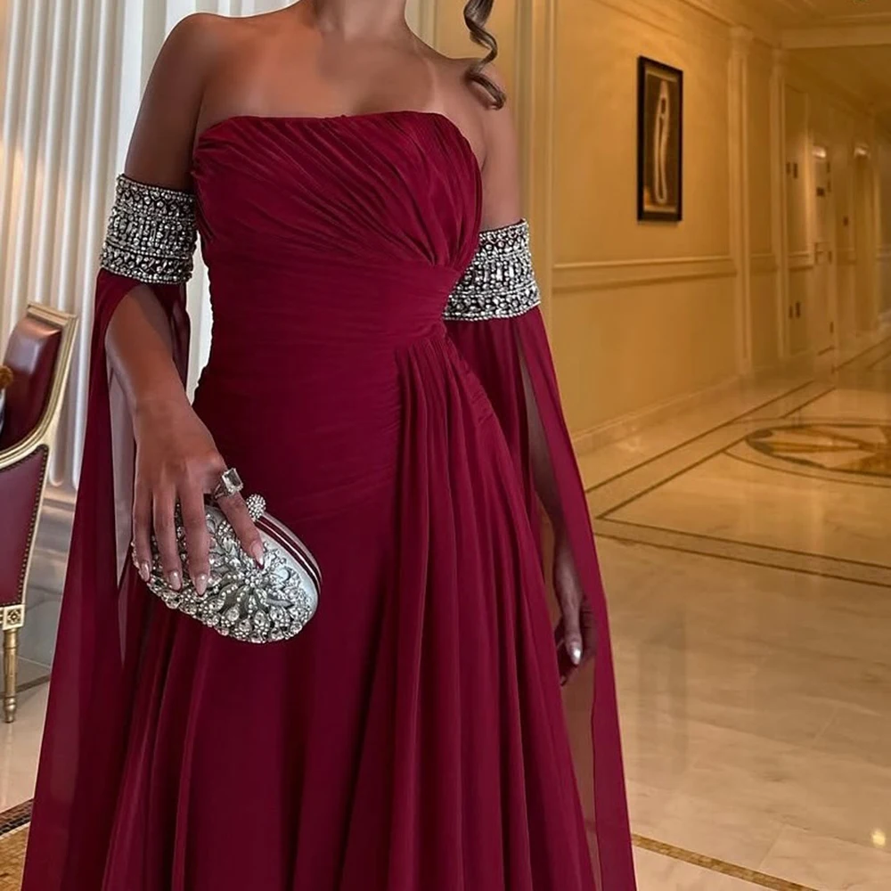 Maßgeschneiderte A-Linie-Abendkleider, bodenlang, trägerlos, ärmellos, Abendkleid, modische Kristallfalte, einfaches drapiertes Partykleid