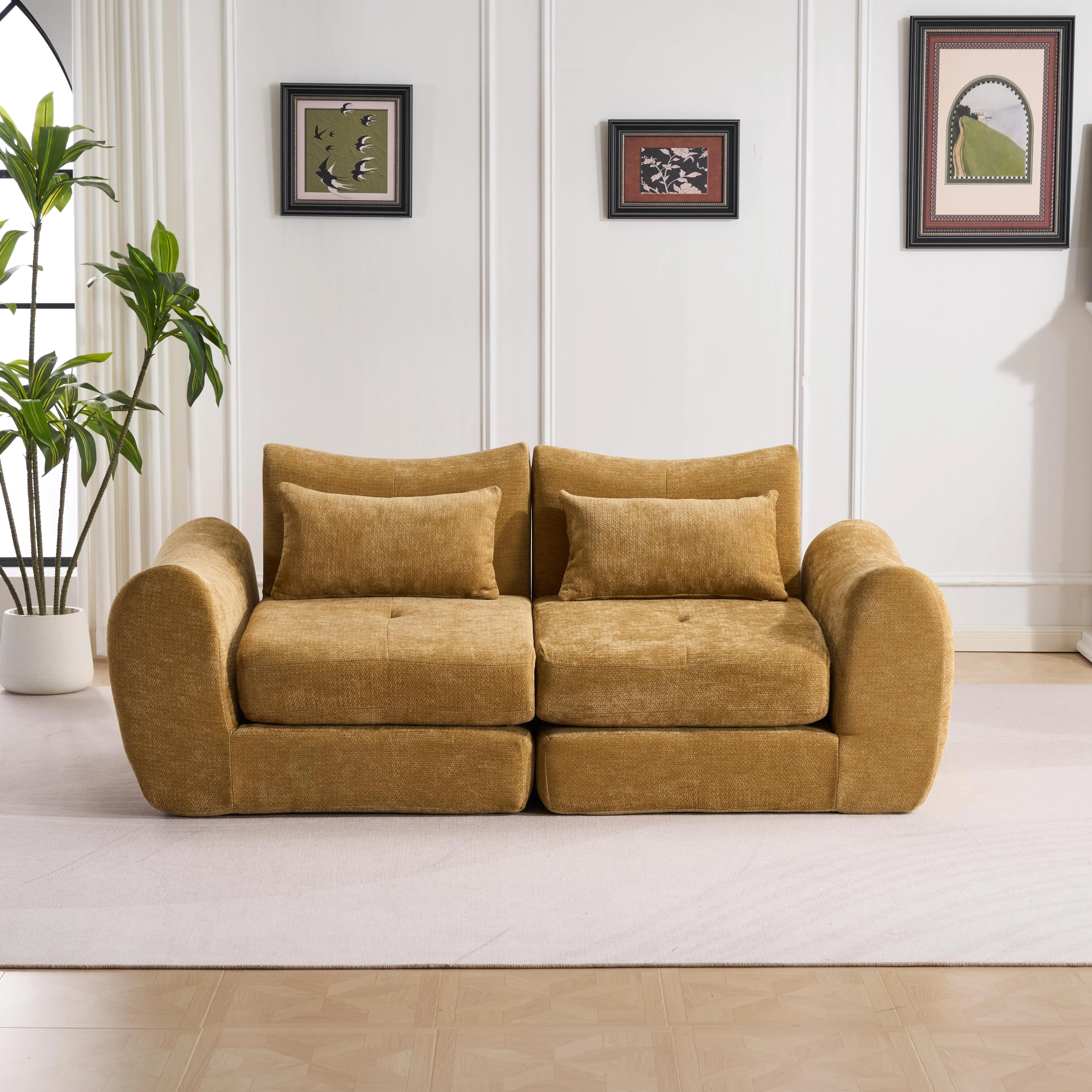 Gele Comfort Compressiebank, 3-zits, geen montage nodig, slaapbank, zwarte chenille, vrije combinatie voor woonkamer, appartement