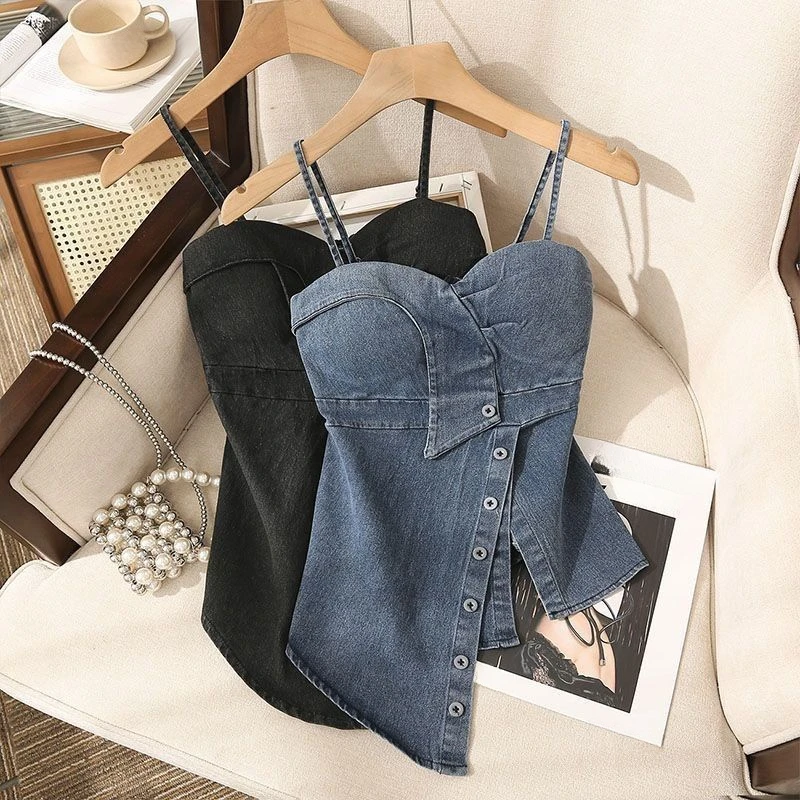 2025 Summer Korean Fashion Women Designer Irregular Placket Denim Camis Tops , Woman Black Blue Top