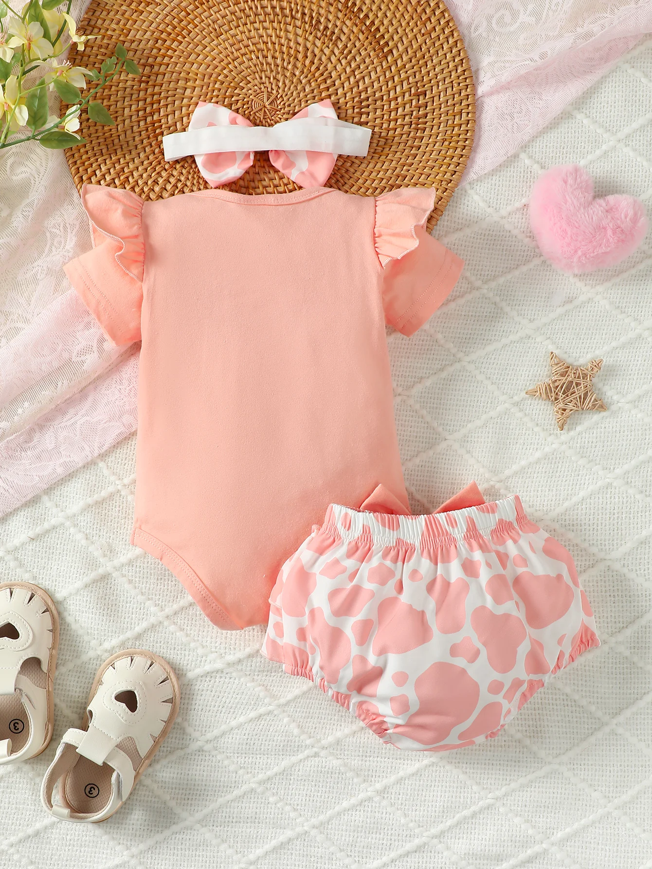 Fashion Summer Newborn Baby Girl Clothes Set Short Sleeve Ruffle Edge Jumpsuit Tops Floral Print Shorts Headband 3Pcs Outfits