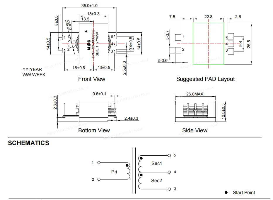 350W フラット高周波トランス 220UH コイル比 25:3:3 85-264V 出力 24V 15A