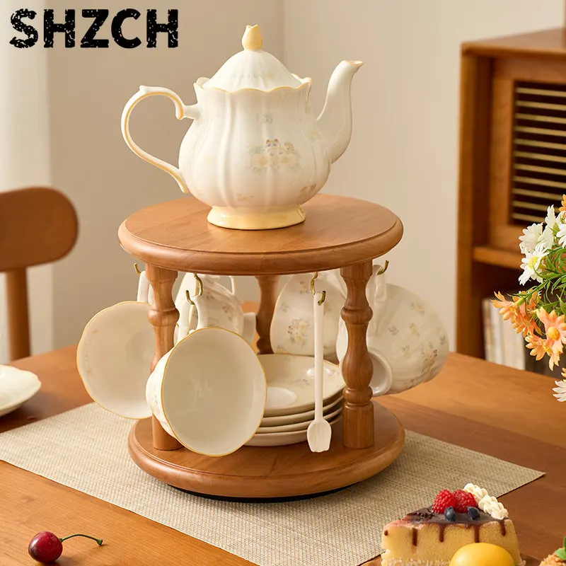 Cherry Wood Retro Rotating Cup Holder Household Coffee Table Rack Solid Wood Coffee Cup Teapot Storage Rack