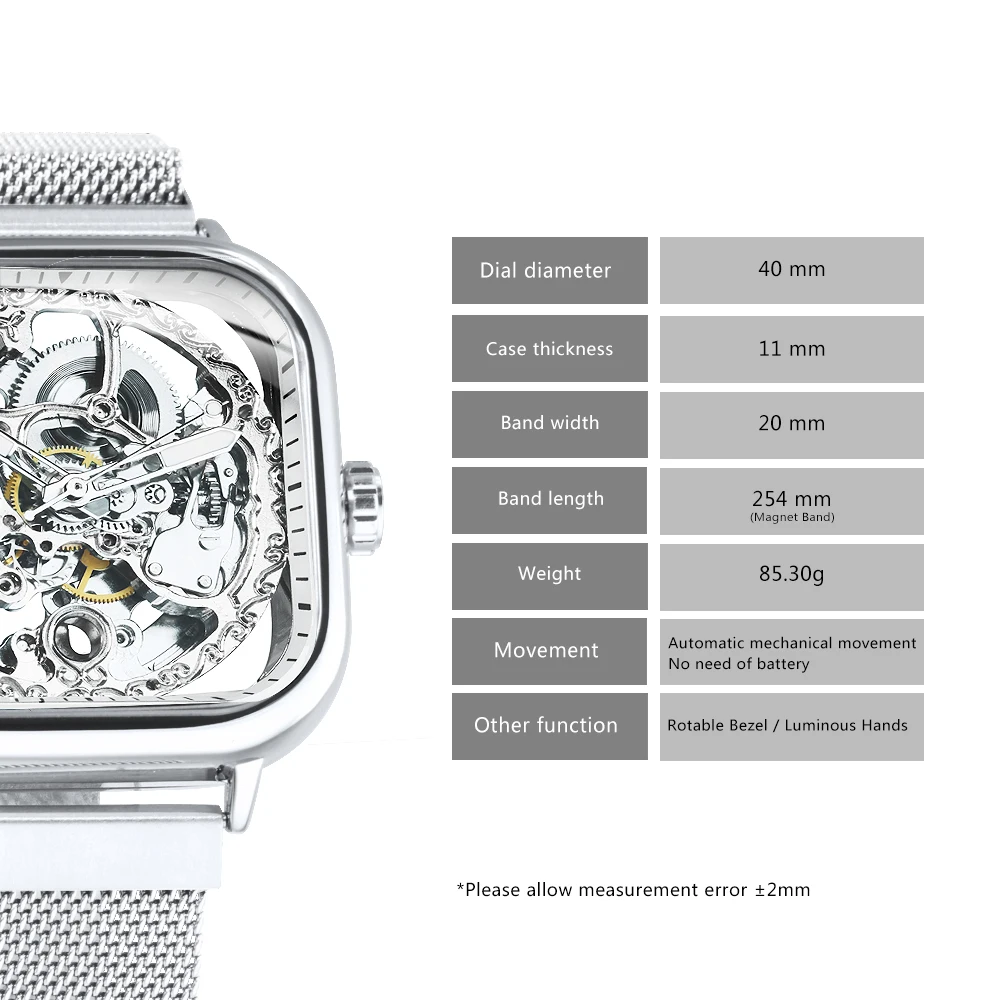 Forsining Square Skeleton Automatic Watch for Men Luminous Hands Engraved Movement Luxury Mechanical Watches Mesh Steel Strap