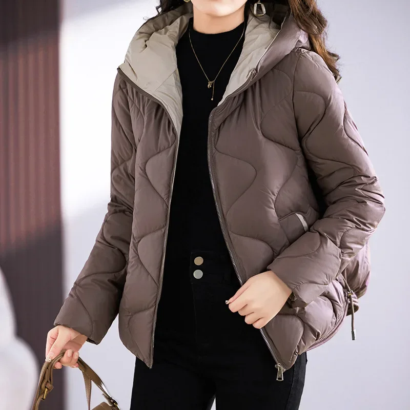 Autumn Winter Solid Women Short Jackets Loose Hooded Wave Quilted Padded Zipper Pockets Drawstring Hem Warm Fashion Outfit 4