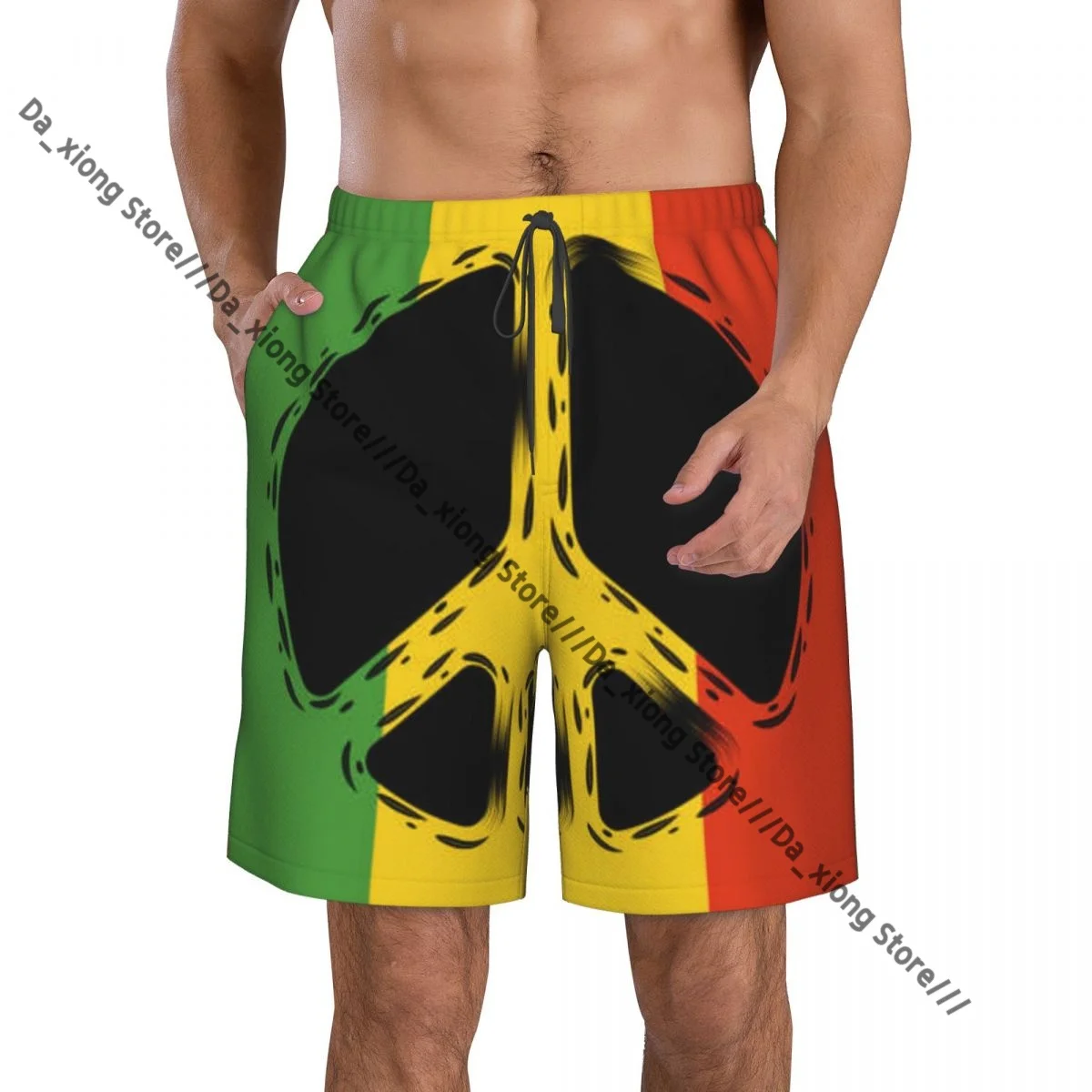 

Men's Beach Short Swim Shorts Rasta Flag With Peace Symbol Background Surfing Sport Board Shorts Swimwear