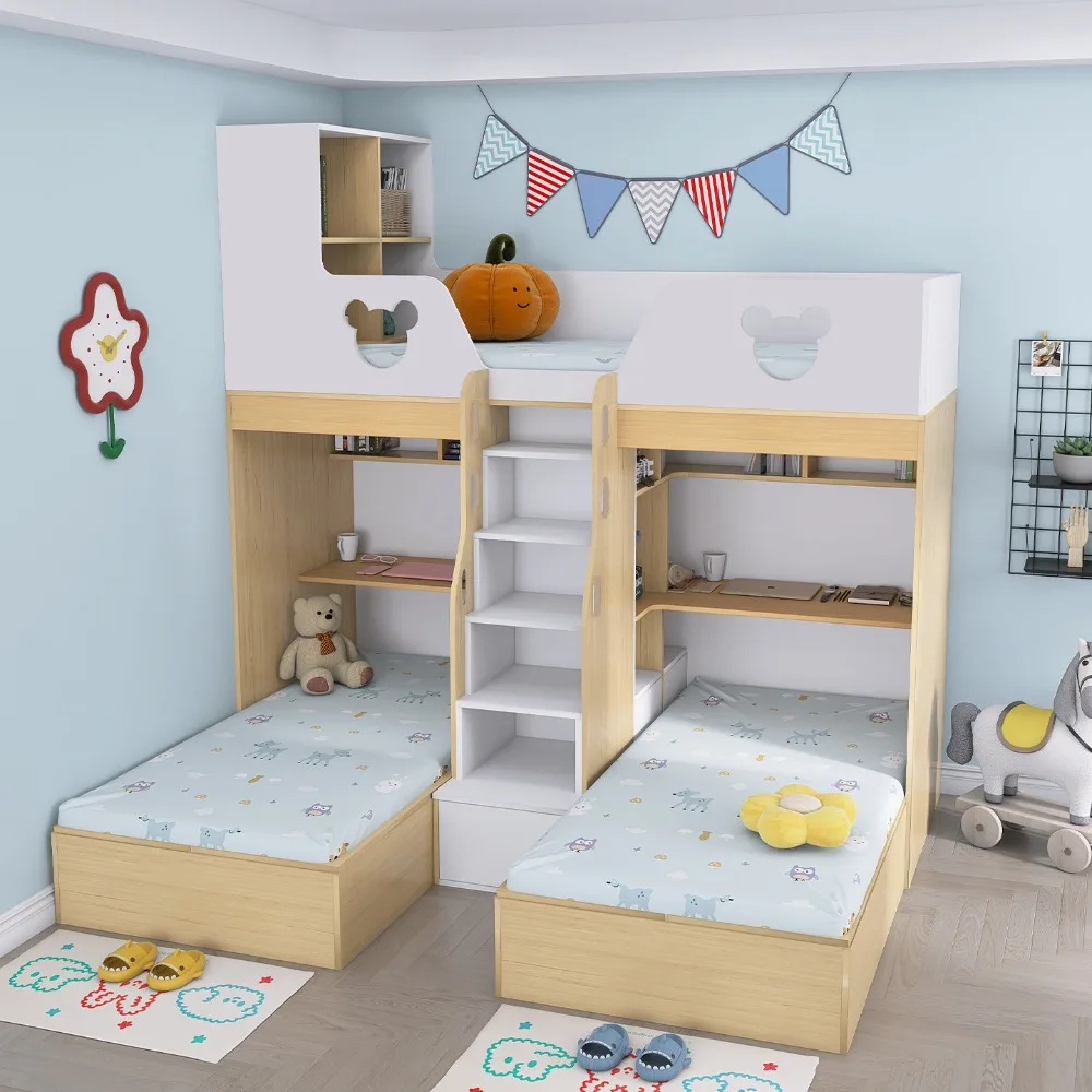 Cama litera infantil que ahorra espacio con escritorio, litera triple en forma de L, litera doble/individual desplazada para dormitorio pequeño