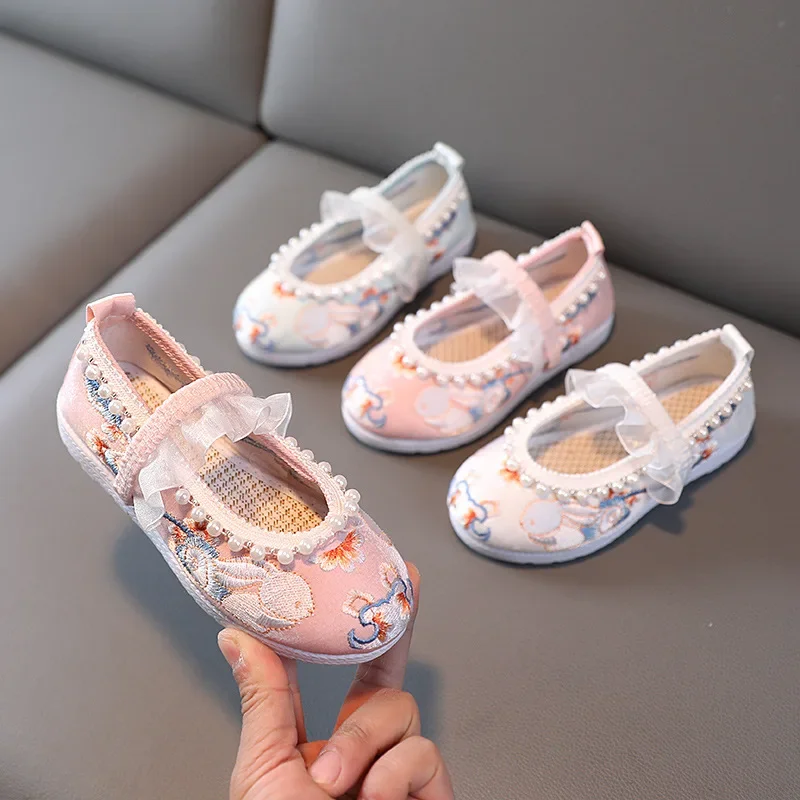 baby girls Hanfu shoes rabbits flowers embroidered spring summer pearl lace princess shoes Chinese style dancing ruffles satin