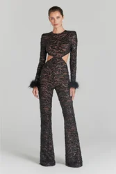 Sexy Hollow Out Black Sequins Bodycon Jumpsuit For Women Elegant Feathers Long Sleeve O Neck Celebrity Evening Party Jumpsuit