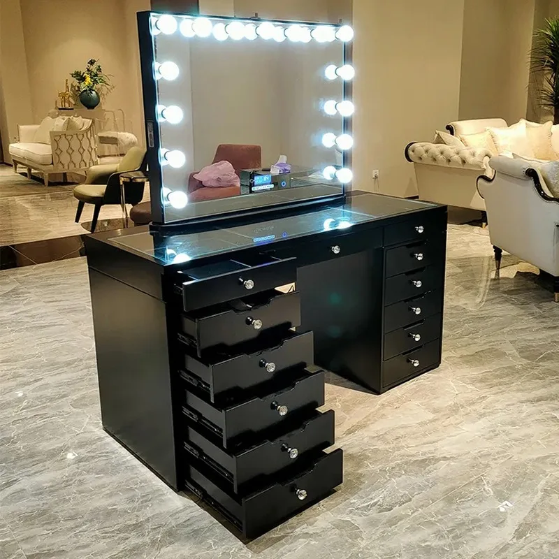 

-+Hot Selling Modern Lighted Bedroom Chest Black Vanity Makeup Storage 13 Drawers Dresser With Big Mirror Dressing Table Wholesa