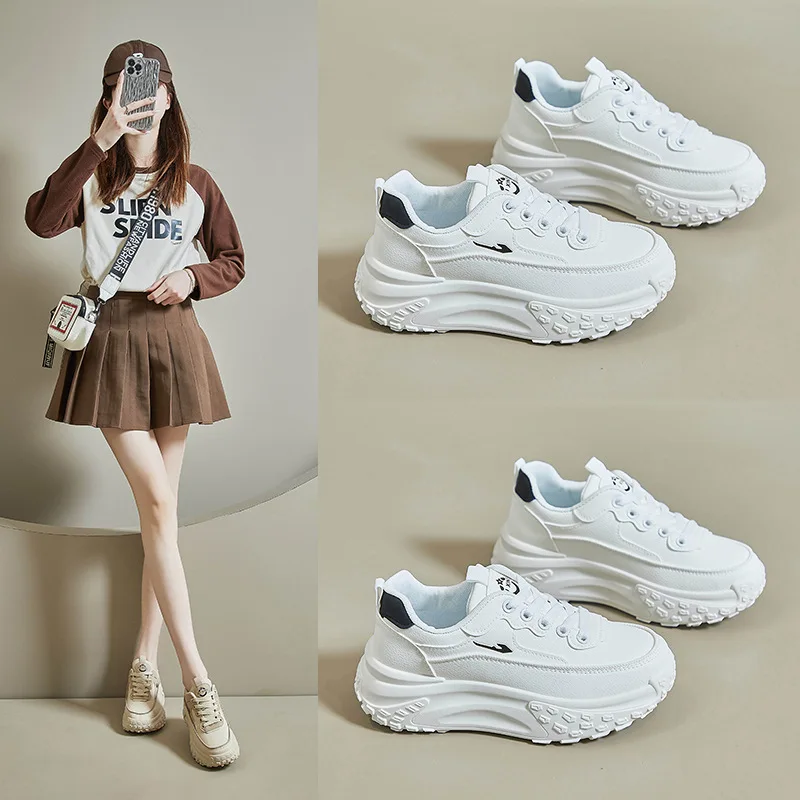 Spring PU Leather Women Shoes Fashion Breathable Female Sneakers Thick-Soled Increase Breathable Sports Casual Size 35-40