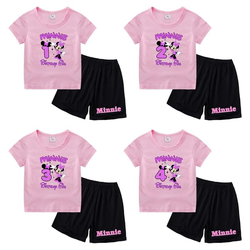 

Disney Minnie Mouse Child Short T-shirt Set Girls Cartoon Birthday Numbers Print Two Piece Suit Kawaii Summer Casual Clothing