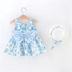 Baby Girl Summer Cotton Floral Print Bow Strap Dress Girls Korean Version Fashionable And Sweet Beach Dress With Hat