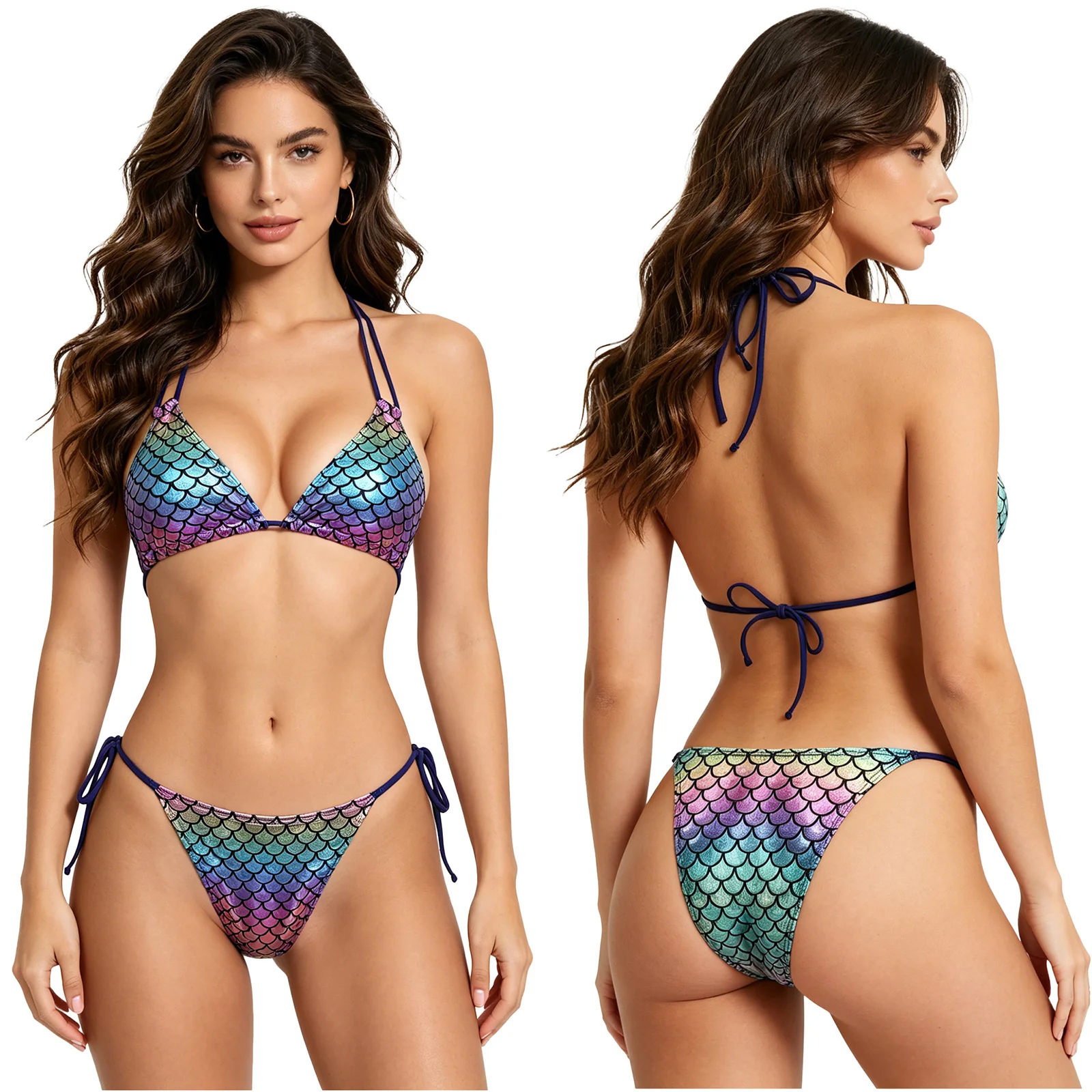 Women Metallic Shiny Fish Scale Bikini Set Bathing Suit Removable Chest Pad Bra with Briefs Swimwear for Beach Pool Sunbathing