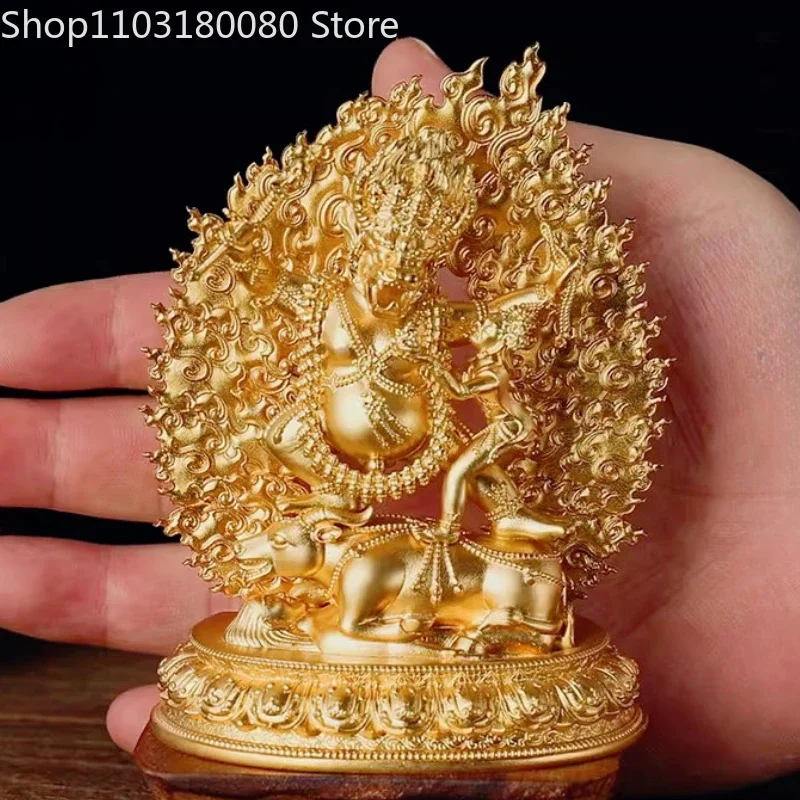10cm Brass Gilded Demchen Chogyal Statue Tibetan Yama Dharmaraja Wrathful Protector Sculpture Altar Decor