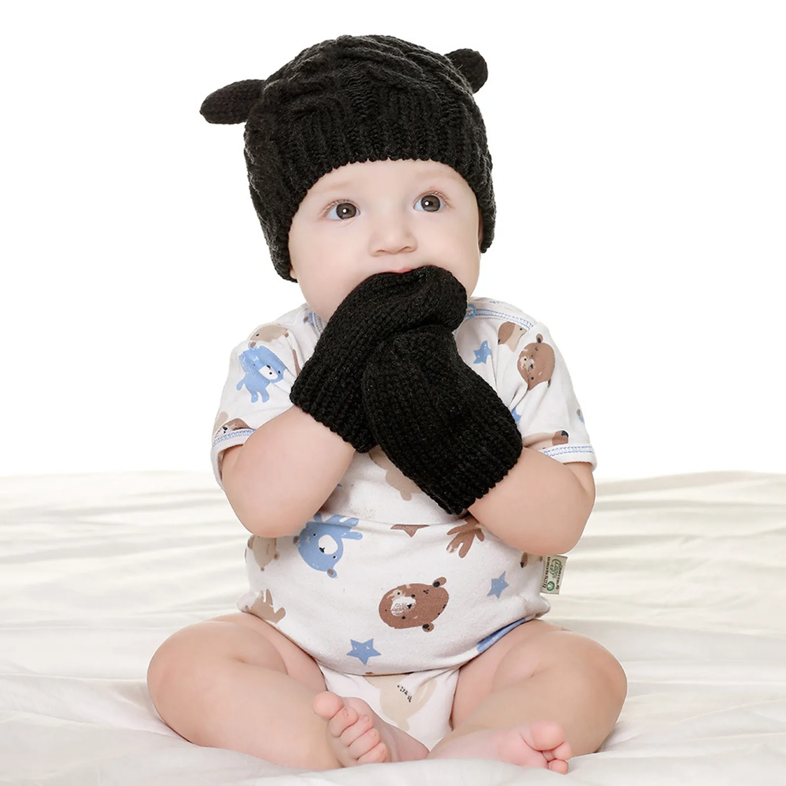 Baby Hat Knit Hat Autumn And Winter Hat Gloves Set Cute Little Ears Shape Boys And Girls Baby Hat Set 2024 Casual Warm Outwear