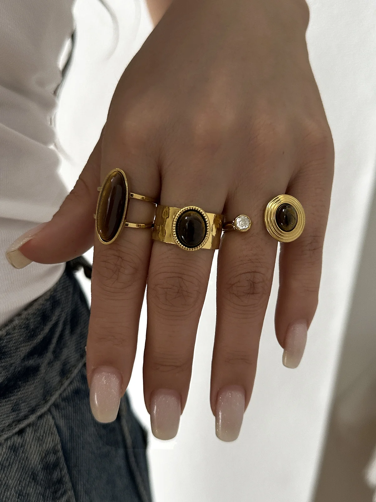 Maillard Tigerauge 18K Vergoldete Edelstahl Offene Ringe für Frauen Retro Verstellbarer Wasserdichter Ring-Set Party-Schmuck Geschenk – Detail 6