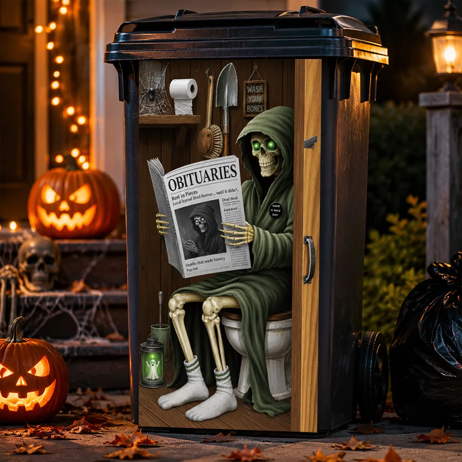 Halloween Trash Can Sticker, Funny Grim Reaper Reading Obituaries, Skeleton In Toilet Vinyl Decals, Removable Scary Barrel Decor