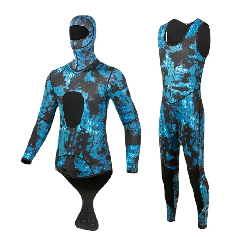 0 مللي متر التمويه بذلة طويلة الأكمام الانشطار مقنعين 2 قطع النيوبرين غاطسة للرجال الدفء الغوص بدلة غطس ملابس السباحة