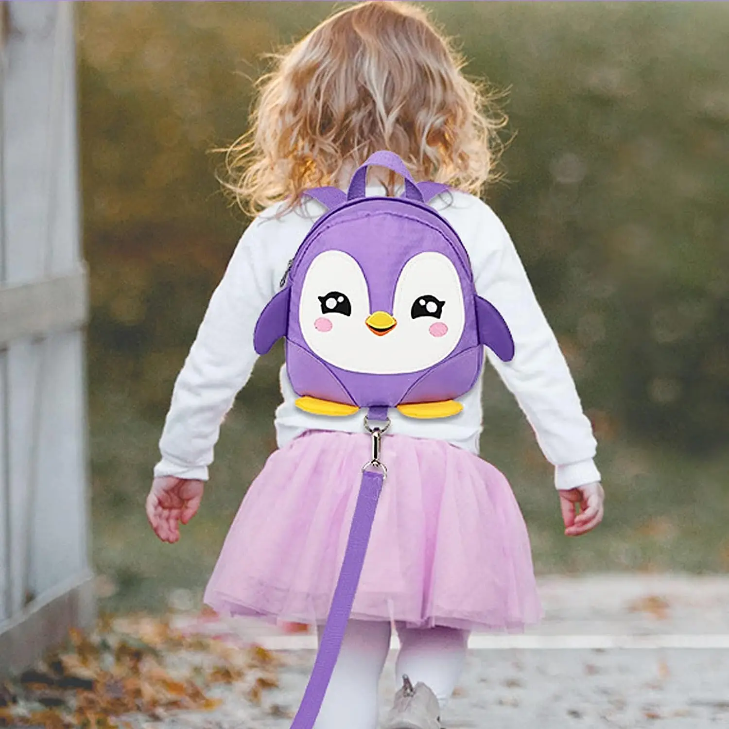 Toddler Harness Backpack Leash, Cute Penguin Kid Backpacks with Anti Lost Wrist Link(Purple)