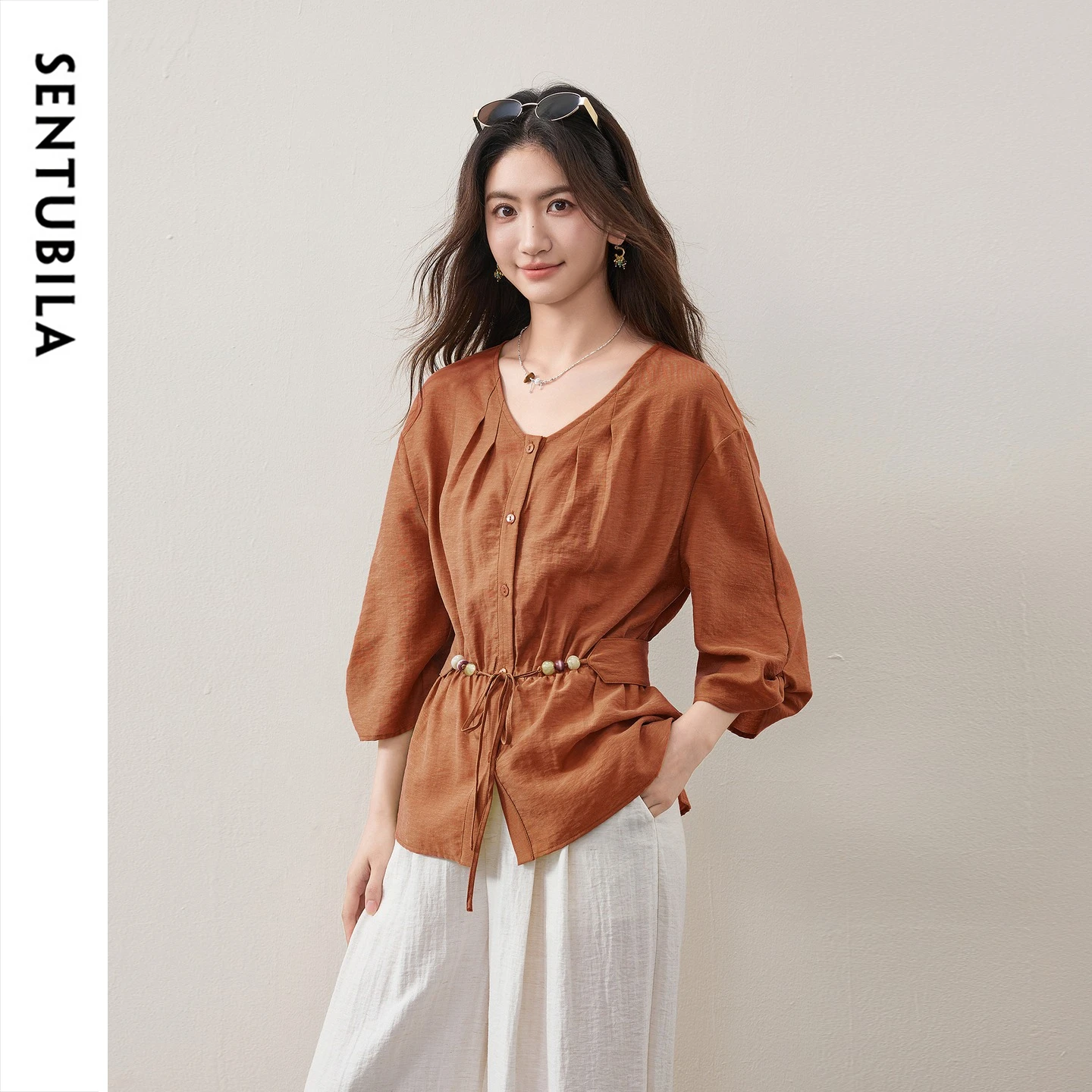 SENTUBILA Women's Autumn Commuter Shirt 2026 Top Acetate Lyocell Detachable Belt Ladies Blouses Simple Casual Wear Q63CA7916