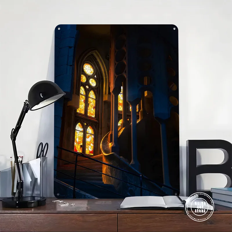 Sagrada Familia Interior Stained Glass Poster Customized Vintage Metal Signs Wall Art Retro Tin Plaque for Office Decoration