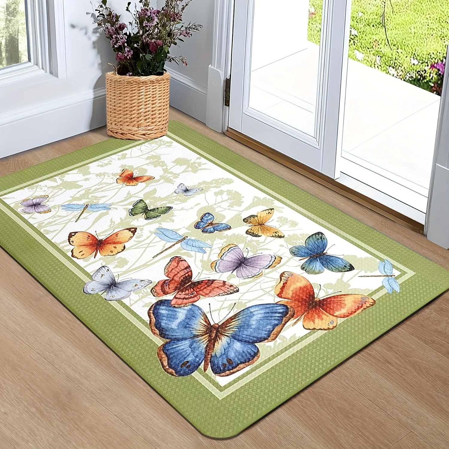 Welcome Mat Featuring a Spring Butterfly And Floral Design - Slip-Resistant, Machine Washable, Made of Flannel, Perfect for Living Rooms, Bedrooms, And