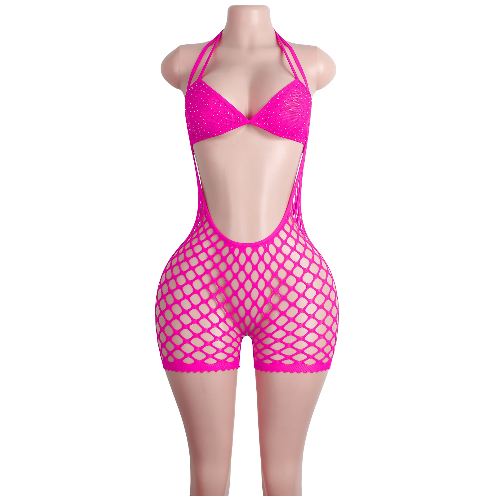 Exotic Dancewear Stripper Bra Mesh Straps Two-Piece Set Club Stage Performance Lingerie Bodysuit Adults Sexy Outfit Rhinestone