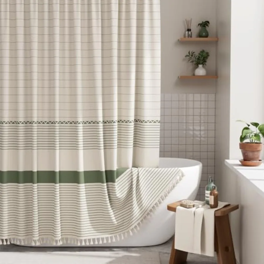 

Boho Shower Curtain, Modern Farmhouse Shower Curtain Set with Tassels, Rustic Faux Linen Green Striped Shower Curtain with Hook