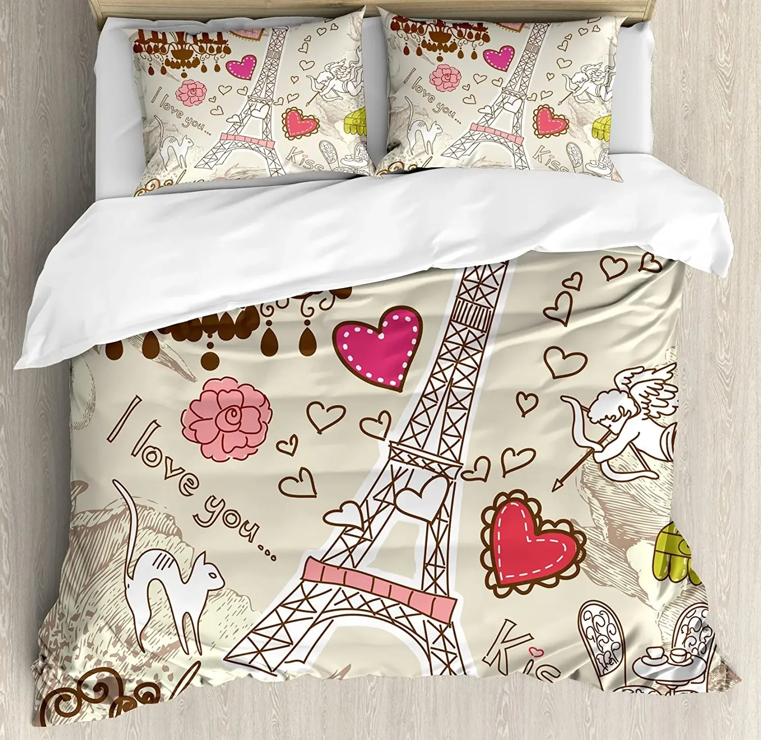 

Paris Decor Bedding Set Doodles Illustration of Eiffel Towe 3pcs Duvet Cover Set Bed Set Quilt Cover Pillow Case Comforter Cover