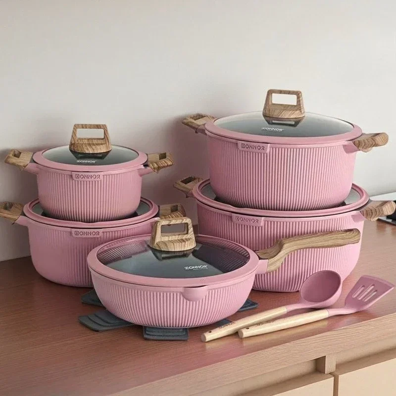 Die-cast Aluminum Vertical-pattern Blue Diamond-coated Non-stick Kitchen Cookware Set Soup Pot and Stir-fry Pan Cooking Food
