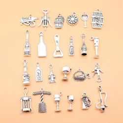 24pcs Antique Silver Color Wine Glass Bottle Opener Wine Bottle Beer Charms Collection, 24 Styles, 1 of Each