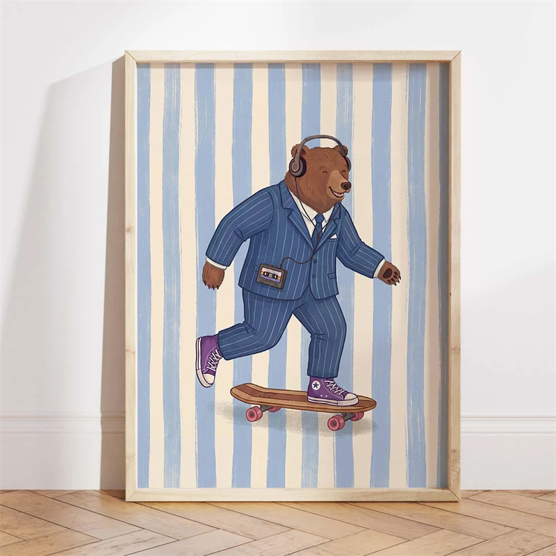 Retro Kids Room Decor Poster Skateboarding Bear Nursery Print Canvas Painting Wall Art Picture for Bathroom Home Decoration