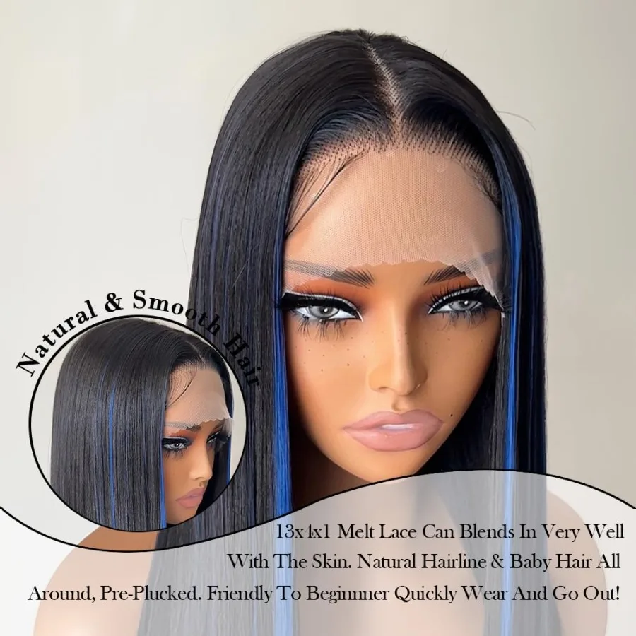 باروكة صناعية طويلة مستقيمة بدون صمغ بدانتيل أمامي للنساء مع شعر أطفال منزوع مسبقًا 26 بوصة لون أزرق منتصف الليل مثالي لكل منها #4