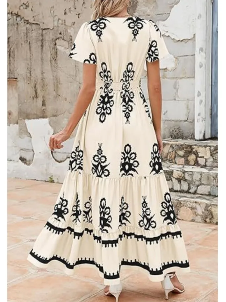 Casual Boho Print Dress For Women Fashion Short Sleeve V Neck High Waist Loose Dresses Robe Femme Holiday Beach Skirt Summer New