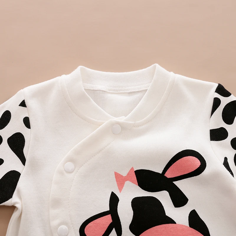 Spring And Autumn Boys And Girls Cute Cartoon Cow Print Cotton Comfortable Long Sleeve Baby Bodysuit