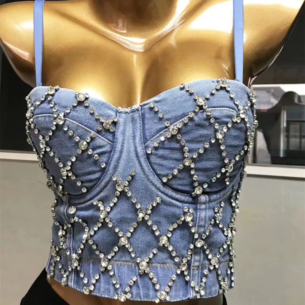 Denim Scratched Women's Spaghetti Strap Diamonds Ripped Push Up Bustier Night Club Party Crop Top 2024 Corset Camise Vest