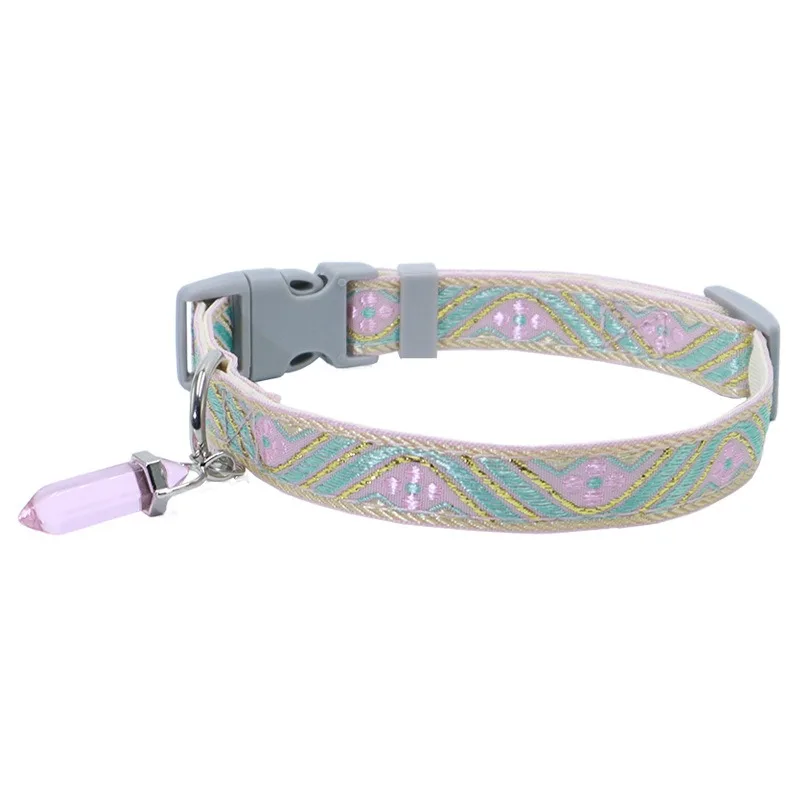 

Boho Geometric Cat Collar 15mm Adjustable with Crystal Pendant Woven Jacquard Breakaway Quick Release for Kittens and Small Dogs