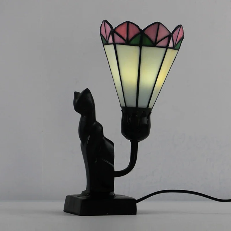 Tiffany Retro Glass Table Lamp Home Decoration Baroque Cat Base Night Light Bedroom Bedside Living Room LED Table Light Fixtures