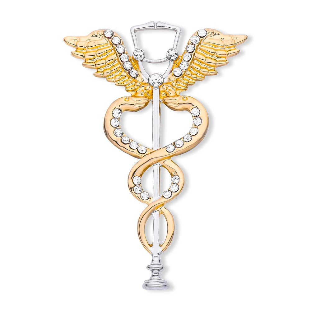 DCARZZ Luxury Caduceus Medical Charm Crystal Brooch Pins Stethoscope Snake Medicine Lapel Backpack Badge Jewelry Gift for Doctor