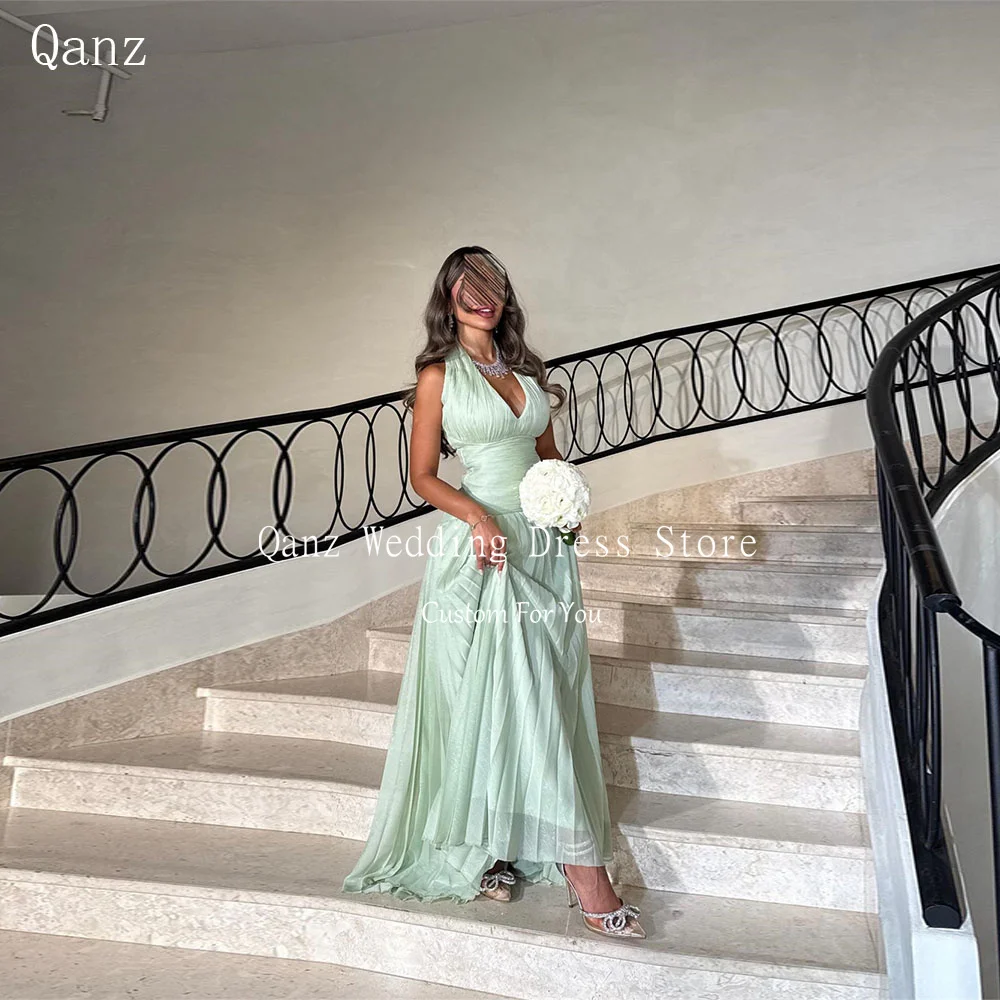 

Qanz мятно-зеленое вечернее платье с v-образным вырезом женское длинное трапециевидное креповое платье для гостей свадьбы с открытой спиной Abendkleider Дубай по индивидуальному заказу