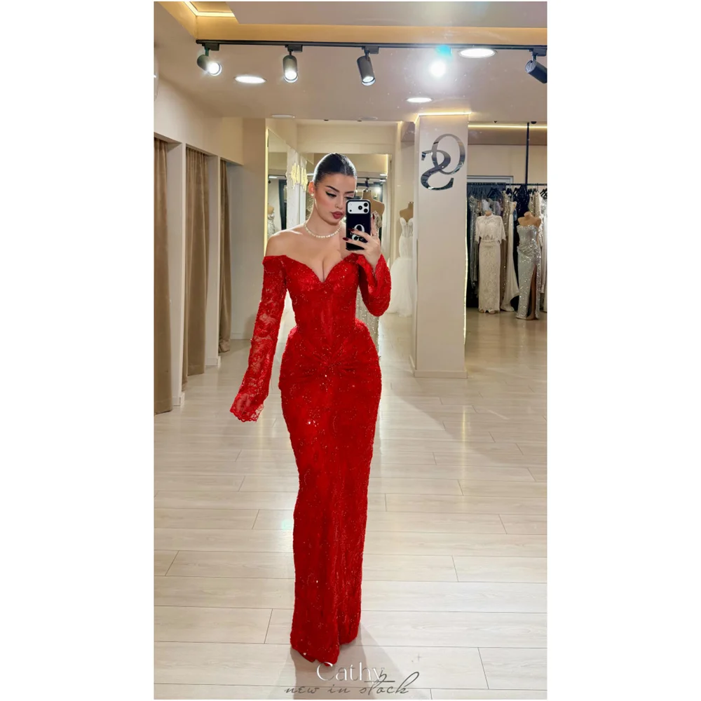 

Cathy Customized Red Exquisite Lace Mermaid Prom Dress Off The Shoulder Long Sleeves vestidos de noiva Floor-length Formal 2025